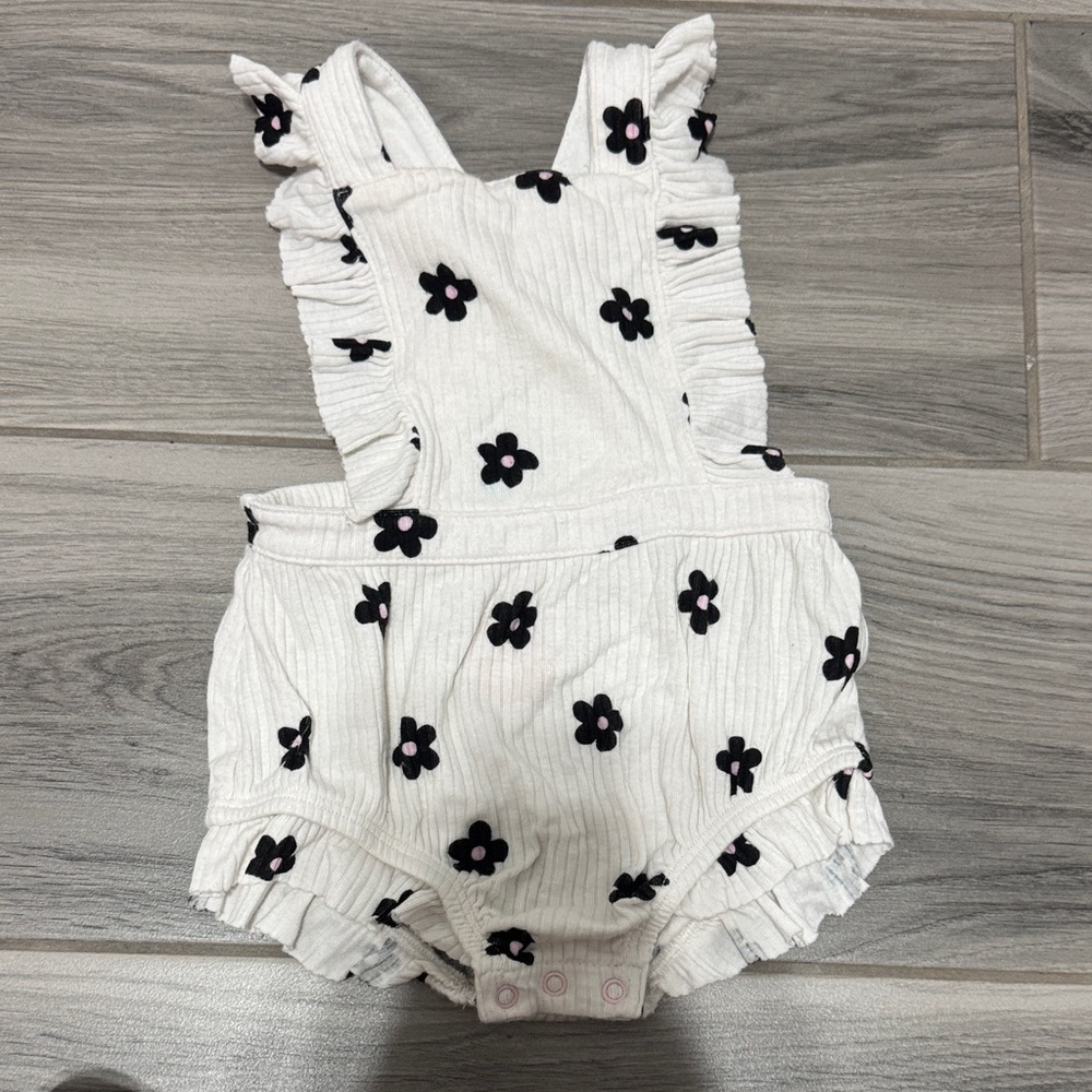 Cat & Jack White Floral Ruffle Romper with Black Flowers